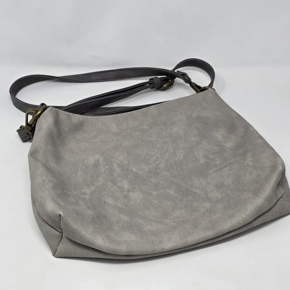 Liz‎ Soto Hobo Bag Womens Medium Gray Soft Faux Leather Crossbody Floral Lining